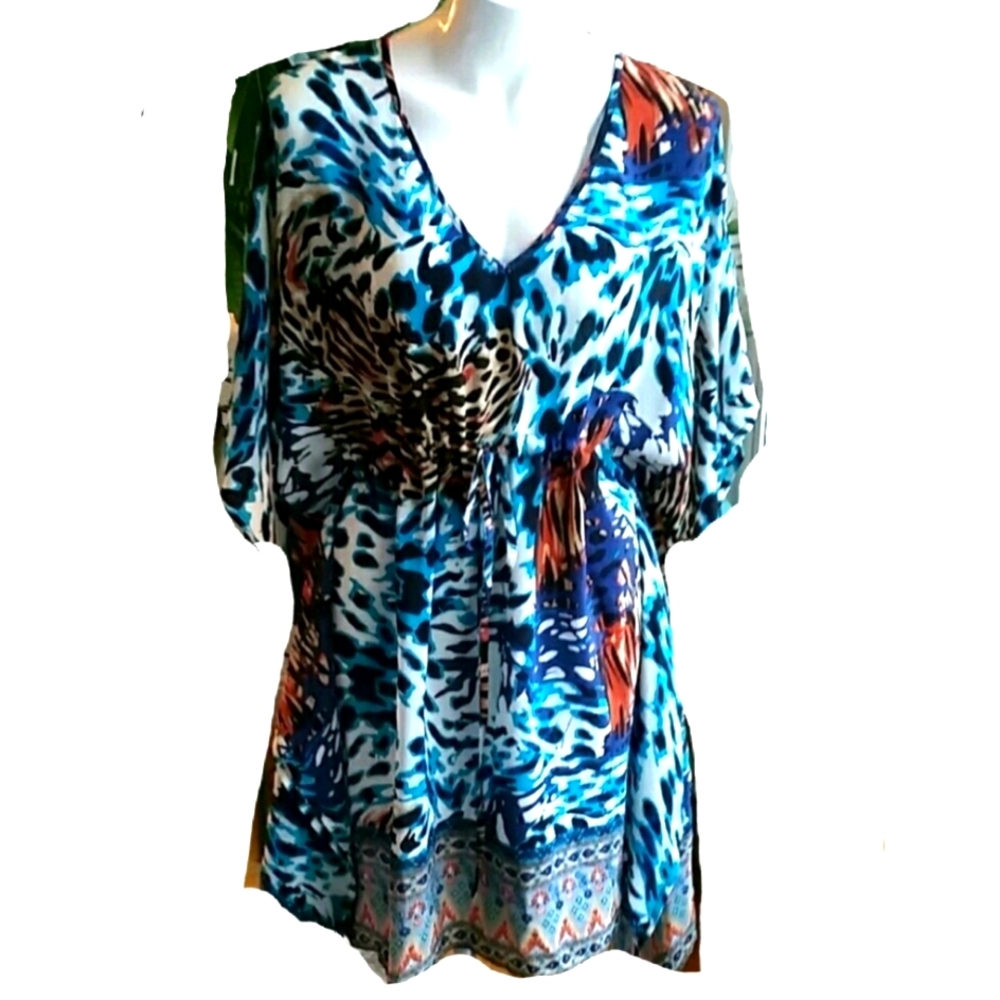 Tolani Blue Animal Print Silk Tunic Kimono Dress Size Medium
